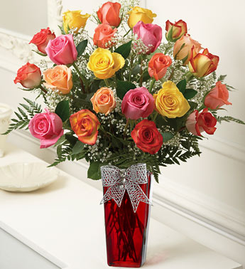 24 Assorted roses in red vase  SALE!!!  in Sunrise, FL | FLORIST24HRS.COM