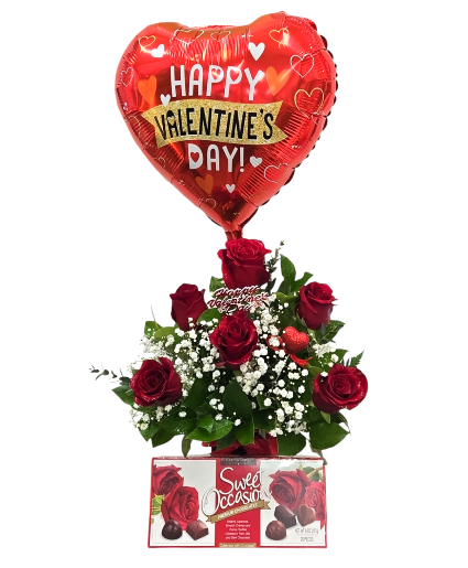 Special Package 6 Red Roses in the Red Vase, 20 pcs Box Chocolate & Mylar Balloon