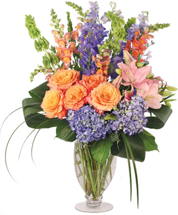 Spirited Delphinium & Hydrangea Flower Arrangement in Tooele, UT | The Spiced Pear Loft & Co.