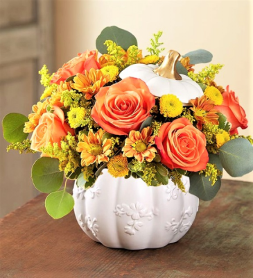 Splendiferous Autumn! Vibrant Blooms in Keepsake Container in Gainesville, FL | PRANGE'S FLORIST