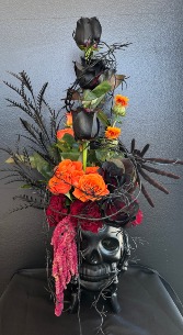 Spooky Midnight Floral Skull  Halloween Arrangement