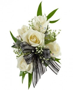 5 SPRAY ROSE CORSAGE Select colors of roses & ribbon- pink, red, white, yellow or purple and which decorative band you would like.