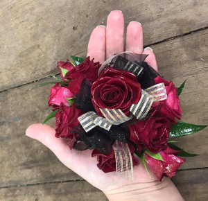 Spray roses with ribbon and glitter wrist corsage in East