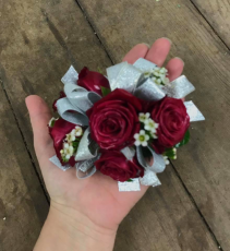 spray roses with wax flower wrist corsage