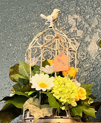 Spring Birdcage with Flowers Silk Arrangement