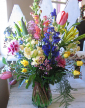 Spring Explosion Vase Arrangement ..Blue Iris not Available will sub another flower