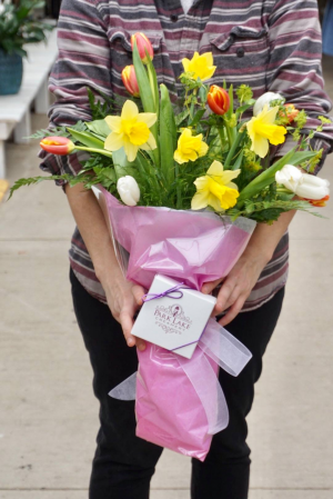 Spring Fling Wrapped Bouquet with Assorted Box of Truffles in Haslett, MI | VAN ATTA'S FLOWER SHOP INC. Spring Fling Wrapped Bouquet with Assorted Box of Truffles in Haslett, MI | VAN ATTA'S FLOWER SHOP INC.