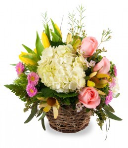 Spring Garden Basket Fresh cut Roses, Hydrangea, and Tulips in a basket