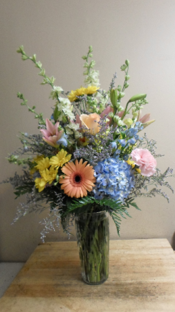 Spring Mix Vase Hydrangea, gerbera daisy, larkspur, daisy, carnation and filler