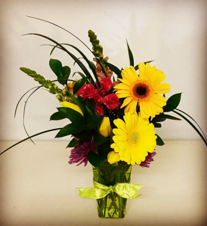 Spring Time Smiles Contemporary Yellow, Pinks and Purple Mixed Floral Design