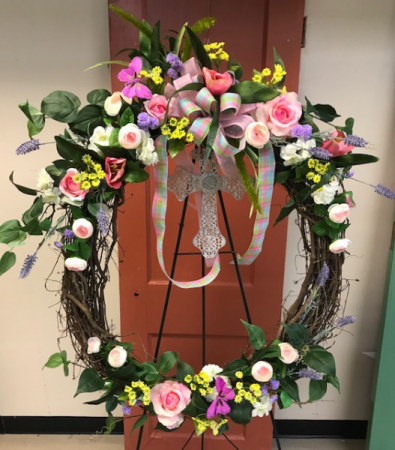 Spring Wreath with Cross Accent Silk Standing Spray