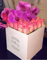 SQUARE BOX -ROSES & ORCHIDS  PINK & PURPLE
