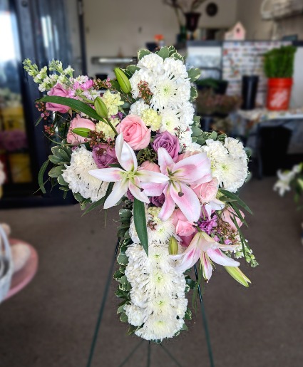 Pastel Pink & Purple Cross Standing Spray