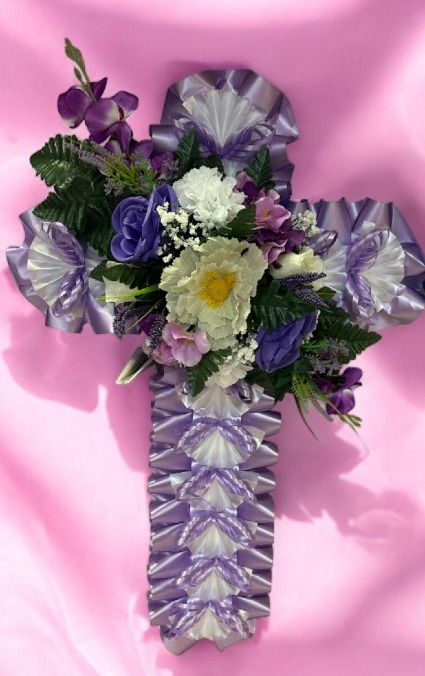 STANDING CROSS W/ ARTIFICIAL FLOWERS LILAC&PURPLE 