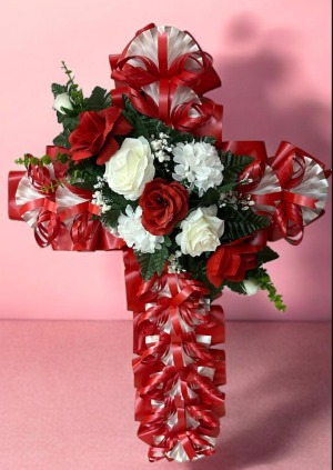 STANDING CROSS WITH ARTIFICIAL FLOWERS RED&WHITE 