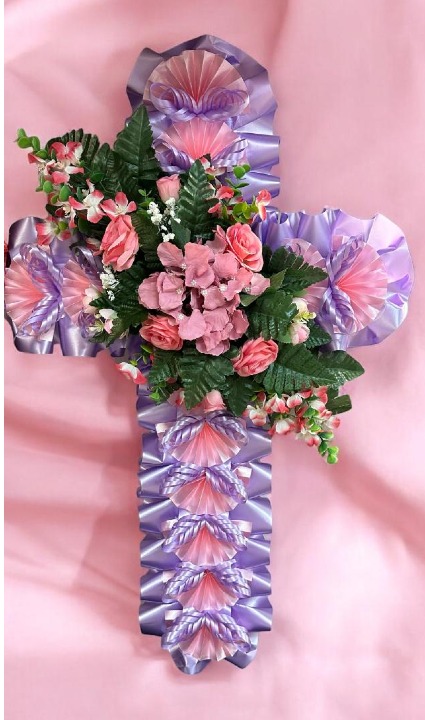 STANDING CROSS WITH ARTIFICIAL FLOWERS LILAC 