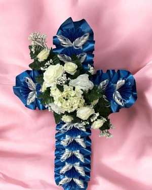 STANDING CROSS WITH ARTIFICIAL FLOWERS ROYAL BLUE 