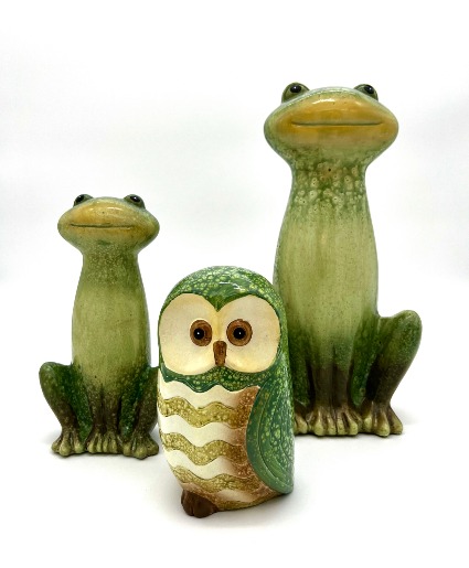 Ceramic Frogs and Owl 