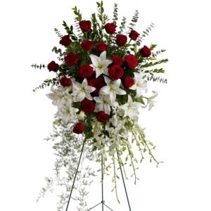 Standing Spray Elegant Red Roses and Lilies