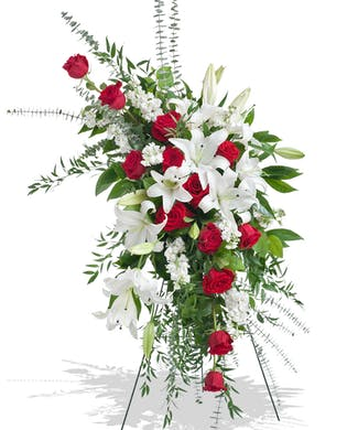 STANDING SPRAY/LILLY AND RED ROSE FUNERAL SPRAY FOR SERVICE/MEMORIAL
