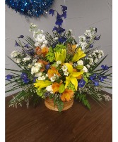 Standing table spray multi color basket floral