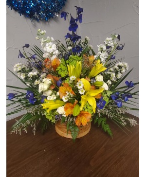 Standing table spray multi color basket floral