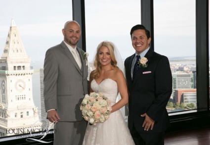 State room wedding with a view of skyline Blush and ivory wedding bouuquet