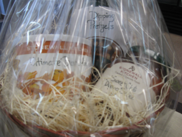 Stonewall Kitchen Snack Basket Dipping Pretzels, Sweet Chili Dipping Sauce and Ultimate Snack Mix.
