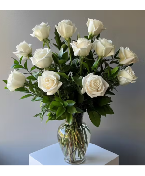 Stunning In White Dozen Roses Vase Arrangement