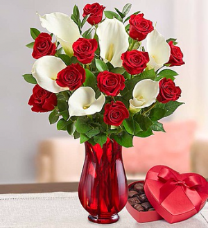Stunning Red Rose & Calla Lilies with chocolate  