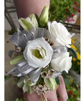 Stunning Silver Prom Corsage with bow- Silver bow, white flowers