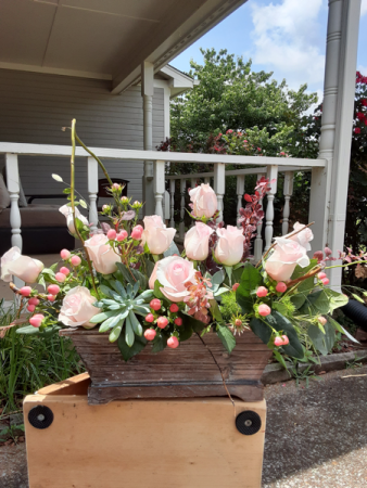 succulent and roses combo wooden box with roses and succulent