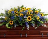 SUMMER BONNET beautiful sunflower and blue delphinium casket spray