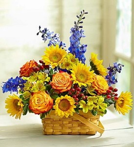 Summer Cottage Blooming Basket Sky Blue and Sunny Colored Blooms