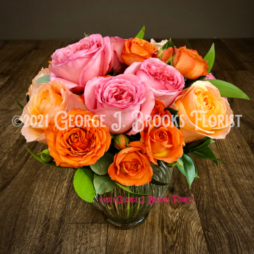 WARM THOUGHTS Lush Citrus Colored Roses Design in Brattleboro, VT | George J. Brooks Florist LLC