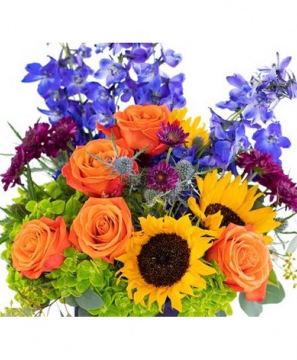Sun-Shiny Day Sunflowers, Roses & Delphinium Vase Arrangement