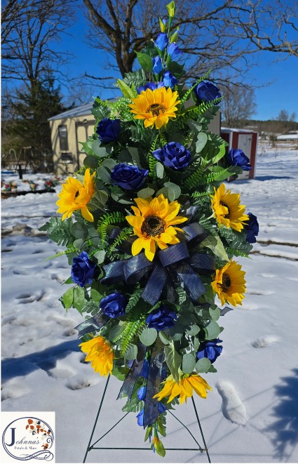 Sunflower and Navy Rose Silk Spray on easel  