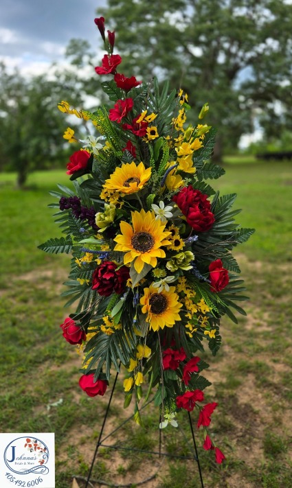 Sunflower and Red Rose Silk Spray on easel 