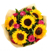 SUNFLOWER AND ROSE BOUQUET WRAPPED BOUQUET