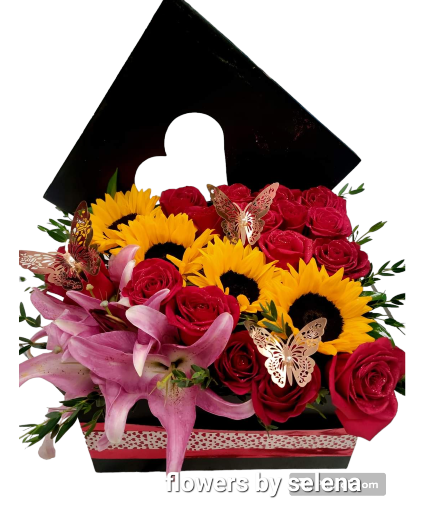 Sunflower and rose box arrangement  