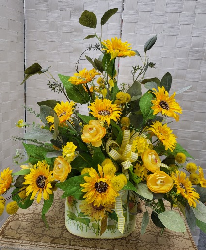 Sunflower tin oval pot arrangement  Centerpiece 
