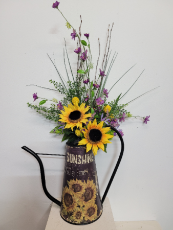 Sunflower watering can with artificial flowers Silk flower arrangement
