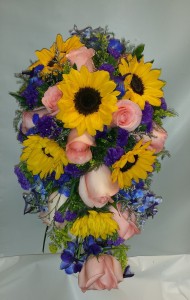 Sunflowers and Delphinium Cascading Bride Bouquet