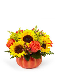 Sunflowers and Fall Blooms In Ceramic Pumpkin