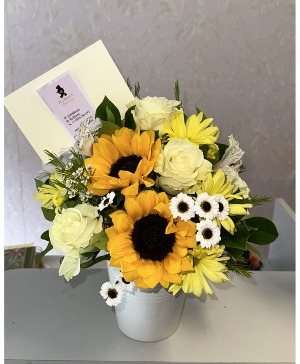 Sunflowers and White roses Bouquet