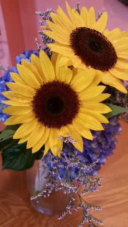 Sunflowers & Blue Hydrangeas Bridesmaid Bouquet