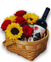 Sunflowers & Roses Wine Basket Arrangement