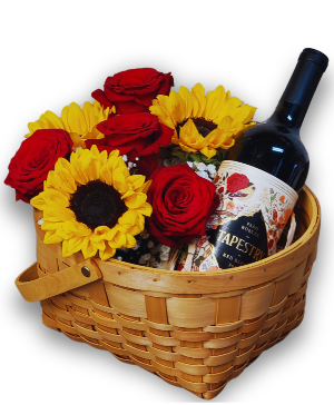 Sunflowers & Roses Wine Basket Arrangement