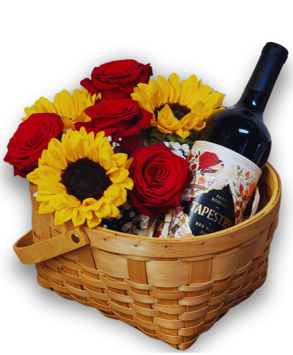 Sunflowers & Roses Wine Basket Arrangement