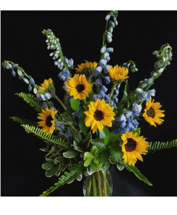Sunny Blue Skies Sunflower and Delphinium Vase Arrangement in Longwood, FL | Novelties By Nadia Flowers & More